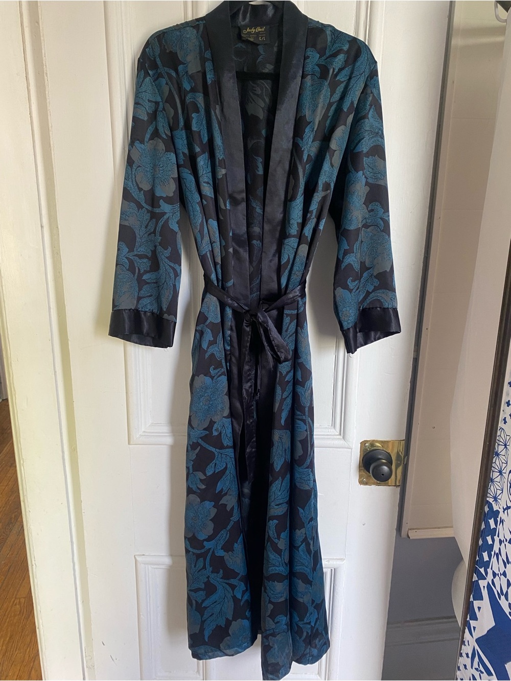 Vintage Floral Smoker Style Long Robe in Teal & Black